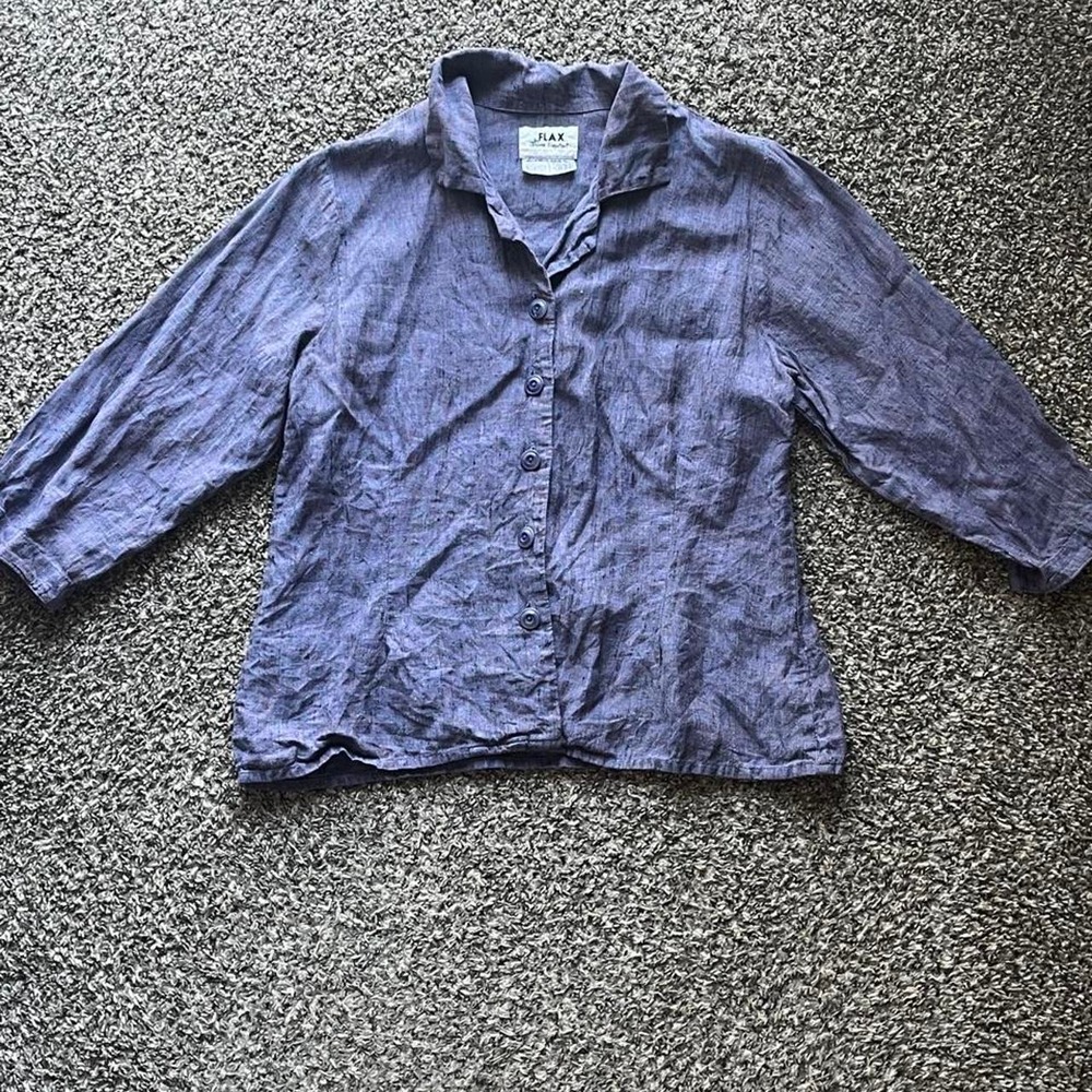 Flax Jeanne Engelhart Blue Linen Button Down Shirt 3/4 Sleeve Women Medium